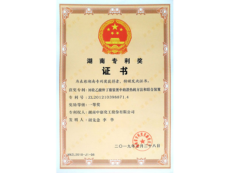 2019 Hunan Province Patent First Prize Certificate