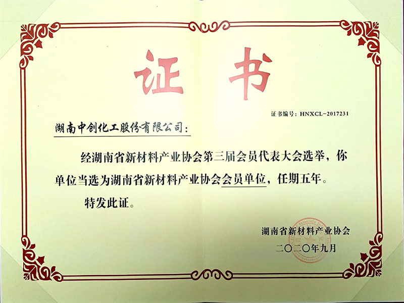 2020 Membership Certificate of Hunan New Material Industry Association